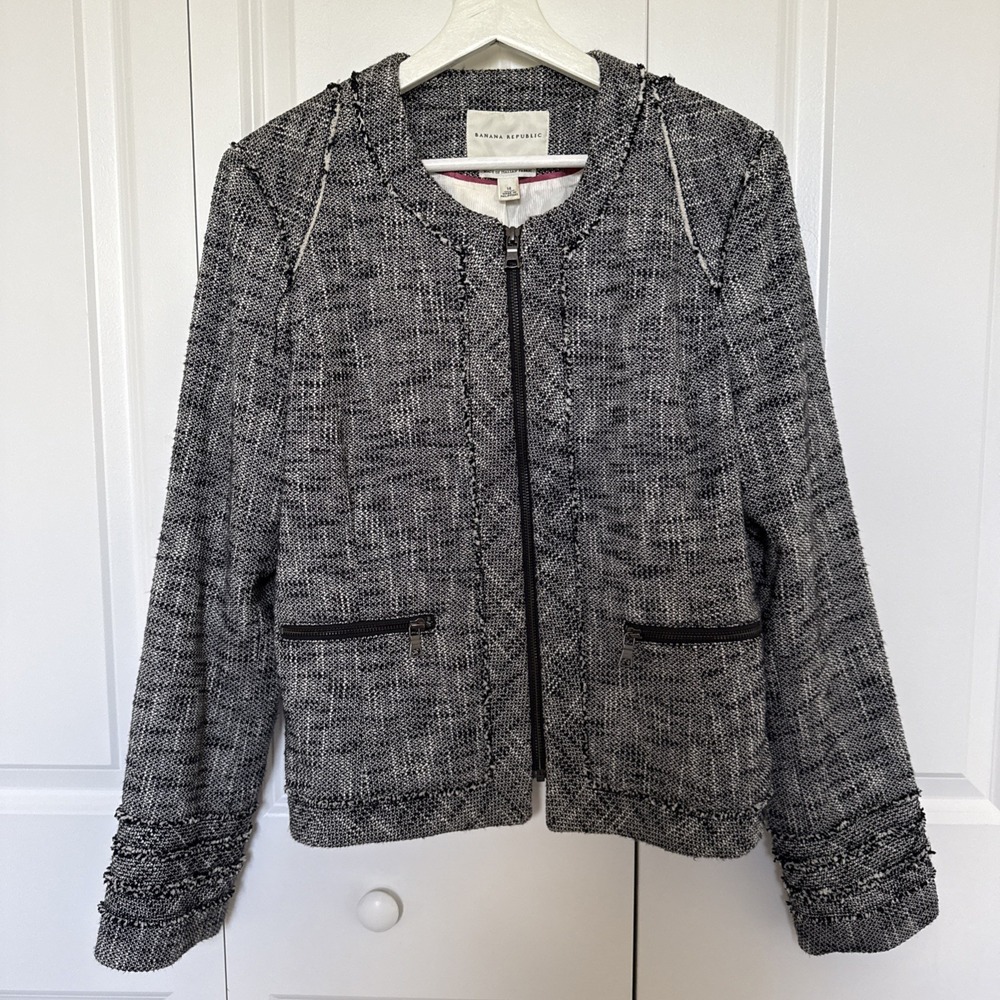 Banana Republic Tweed Zip Up Jacket Black and White Career Office Size 14 Tailor
